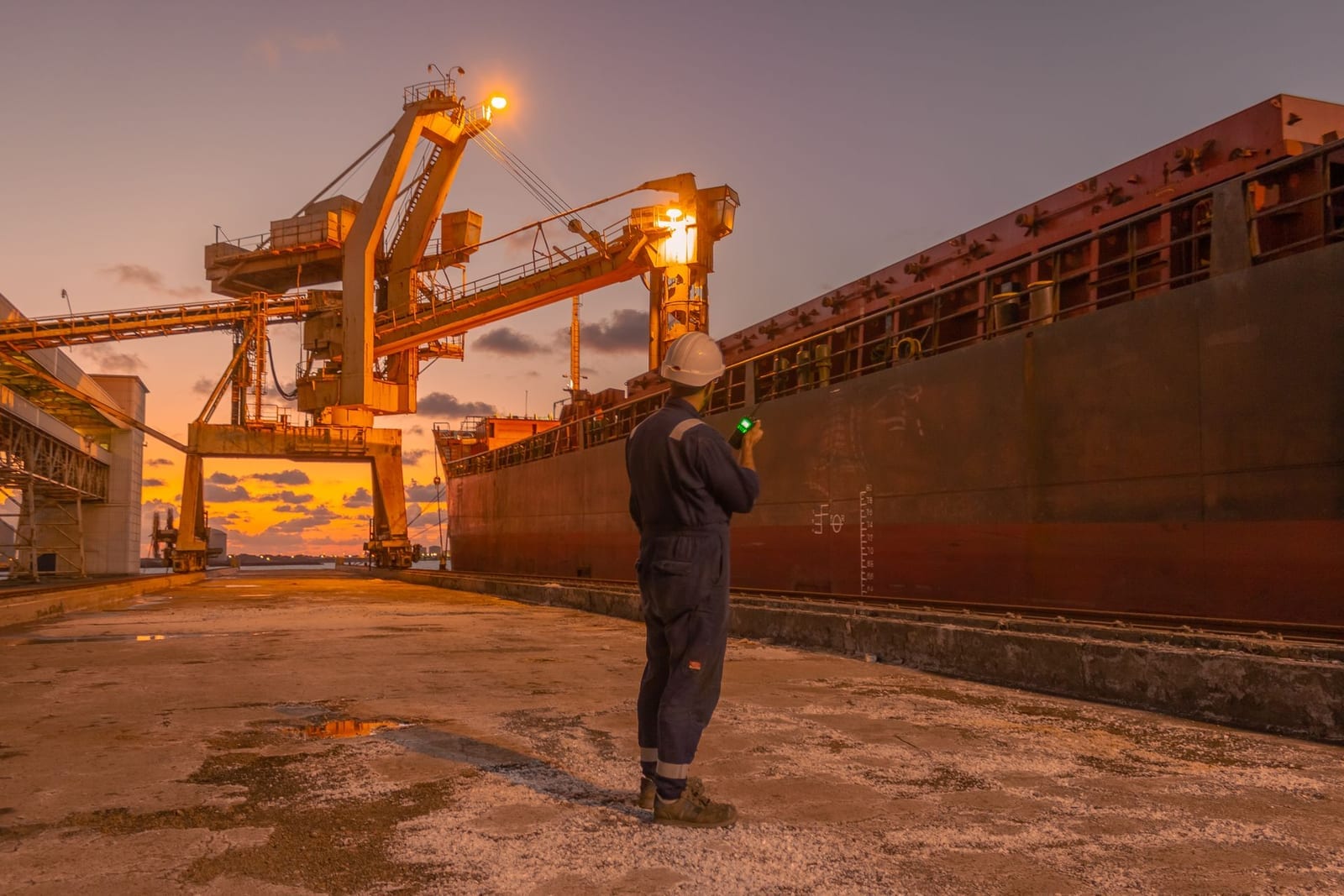 Port worker in safety gear communicating by radio beside a docked cargo vessel at sunset, representing a stage in Pakistan's customs clearance process