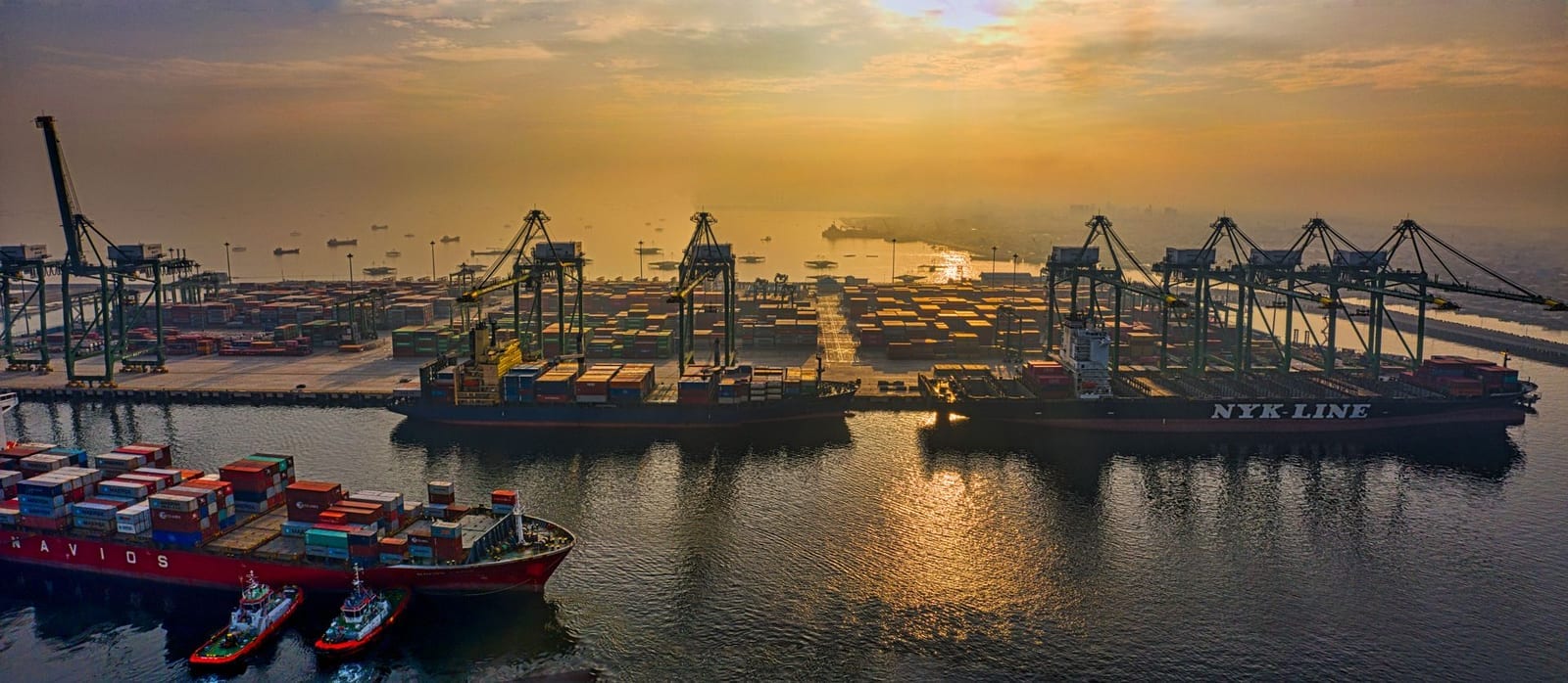Aerial sunset view of container ships being worked by rows of gantry cranes at a major seaport, representing the comparison between Karachi Port and Port Qasim