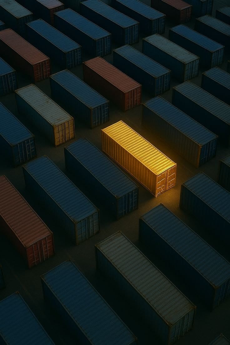 A single illuminated gold shipping container standing out among rows of dark navy containers