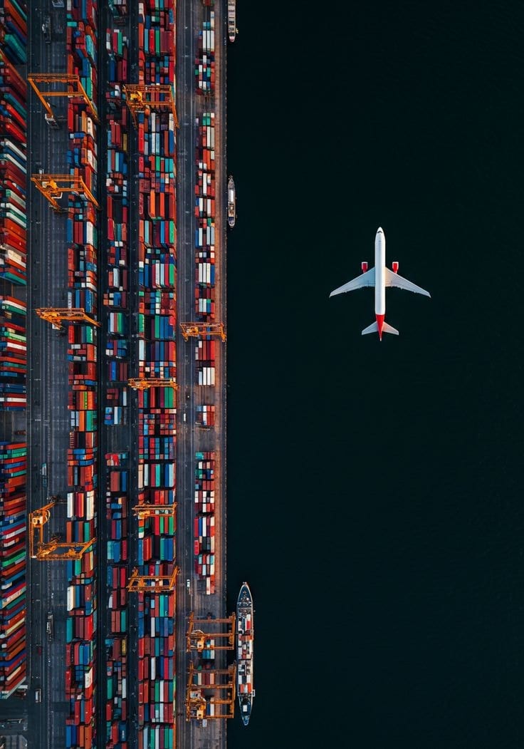 Aerial view of a container terminal quay with stacked containers and cranes beside dark water as an aircraft passes over