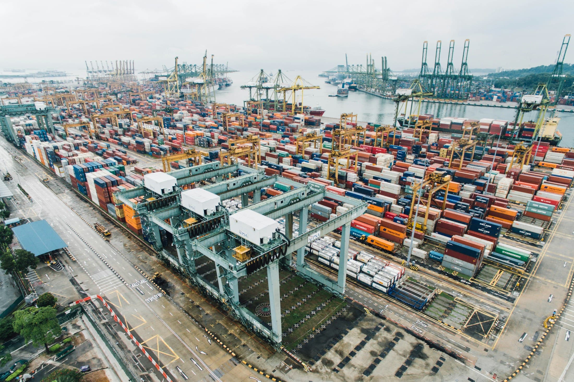 Aerial view of a container terminal where cargo is cleared